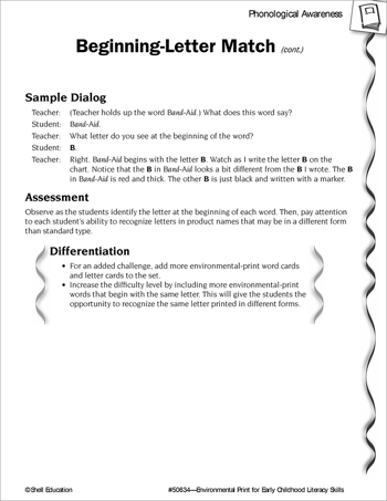 Environmental Print: Phonological Awareness-Beginning-Letter Match