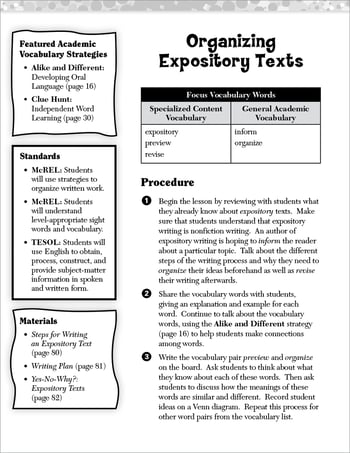 Organizing Expository Texts: Academic Vocabulary Level 2